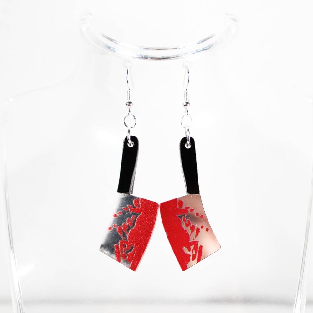 🔨 Handmade Acrylic Bloody Meat Cleaver Earrings – Halloween Edition